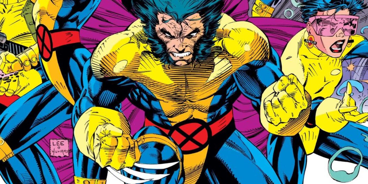 Wolverine ostentando seu traje azul e dourado (ilustrado por Jim Lee para The Uncanny X-Men).