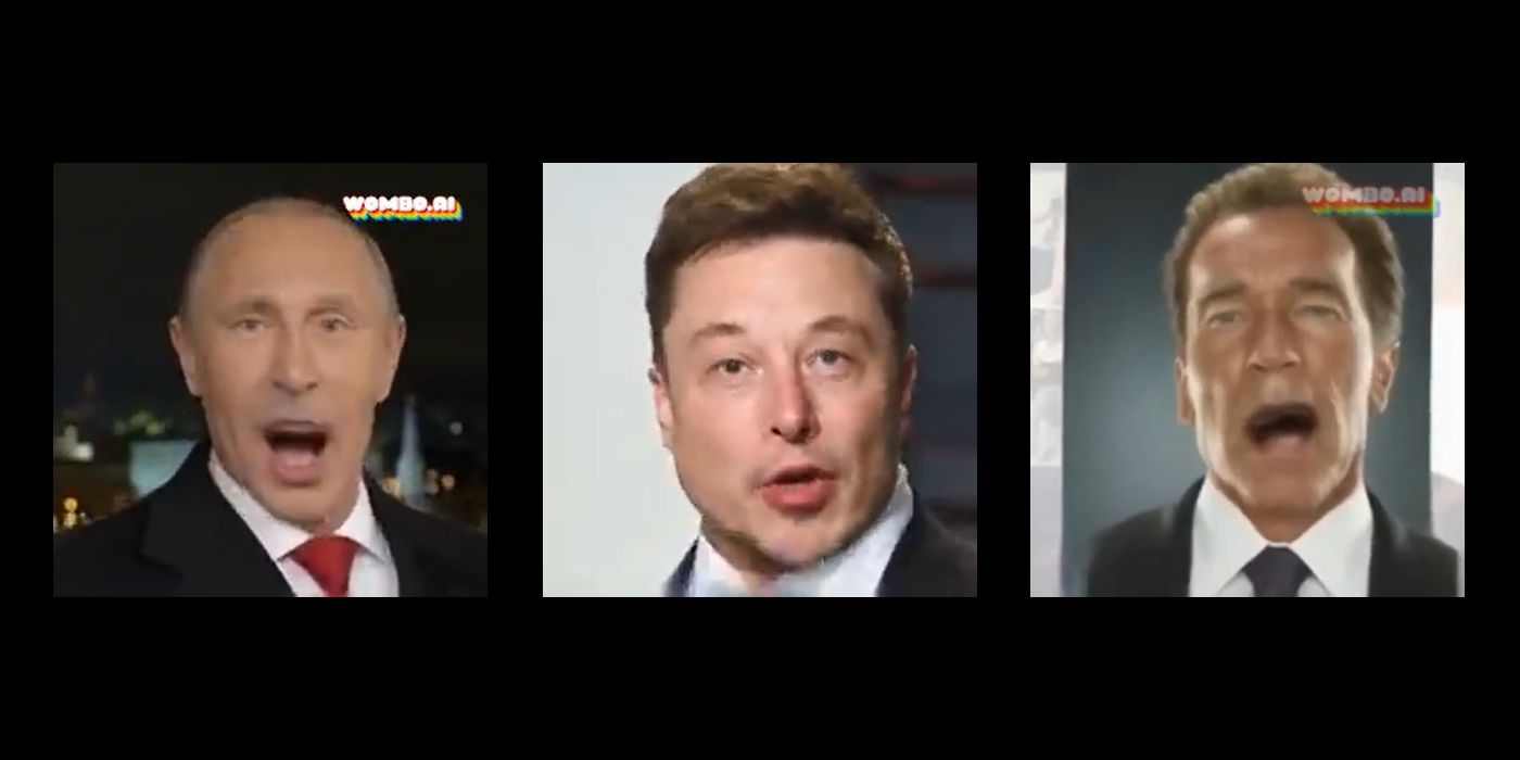 Wombo Putin, Musk, and Schwarzenegger video screenshots