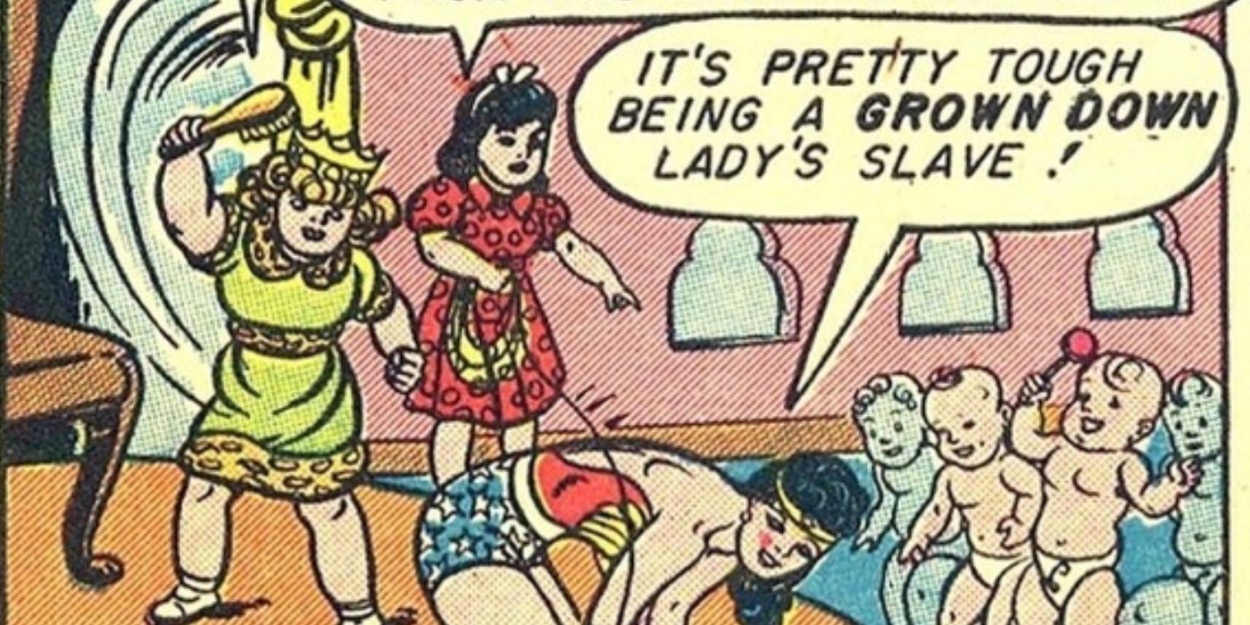 Wonder Woman getting humiliated by babies in a panel from &quot;The Grown Down Land.&quot;