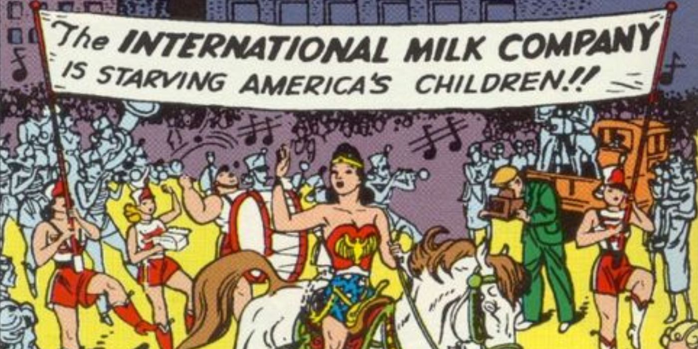 Wonder Woman leading a march against International Milk Company. 