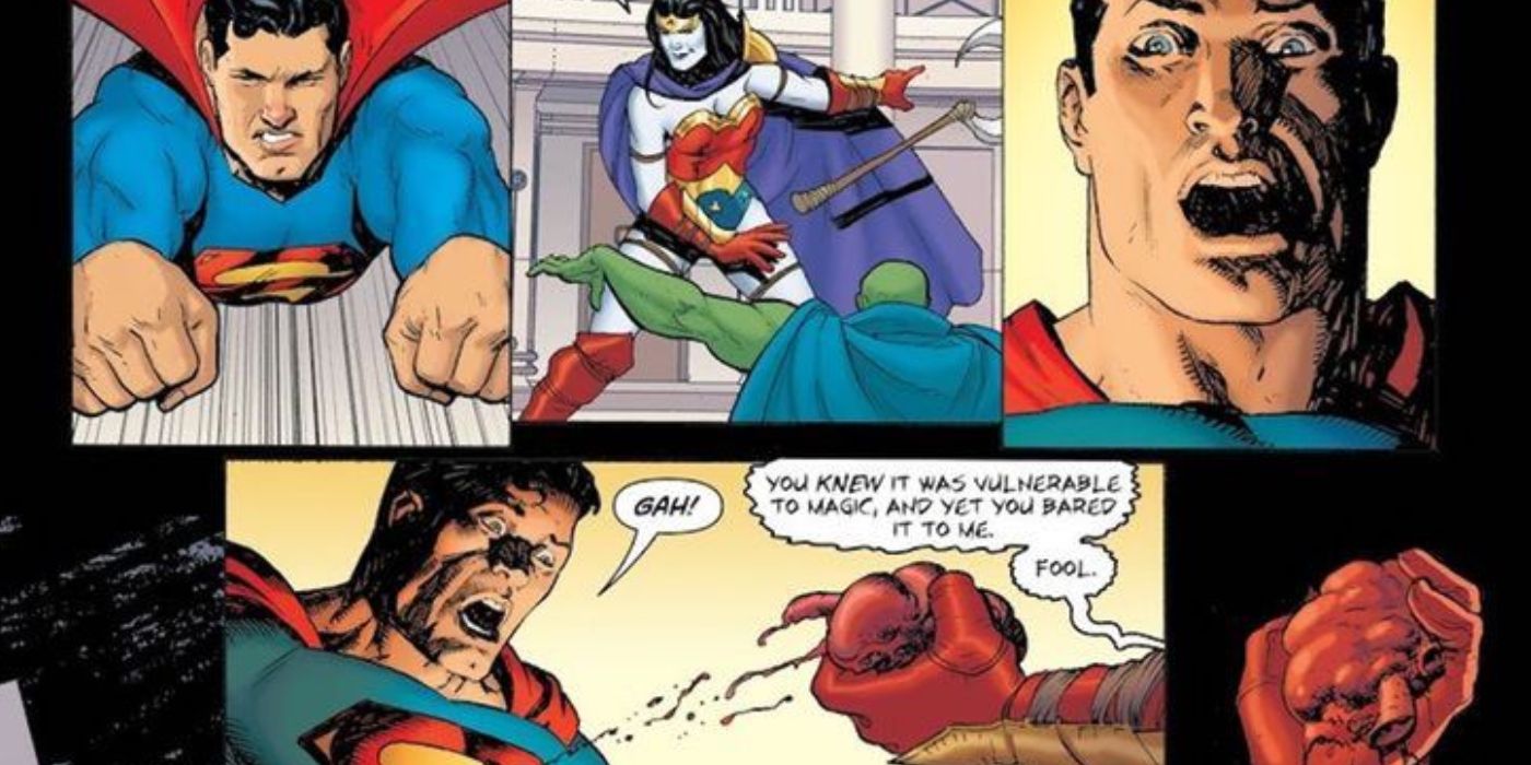 Wonder Woman murders Martian Hunter and rips out Superman's heart in the Dark Multiverse.