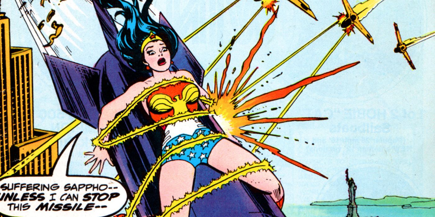 Wonder Woman tied to a missile on the cover of Wonder Woman #125.