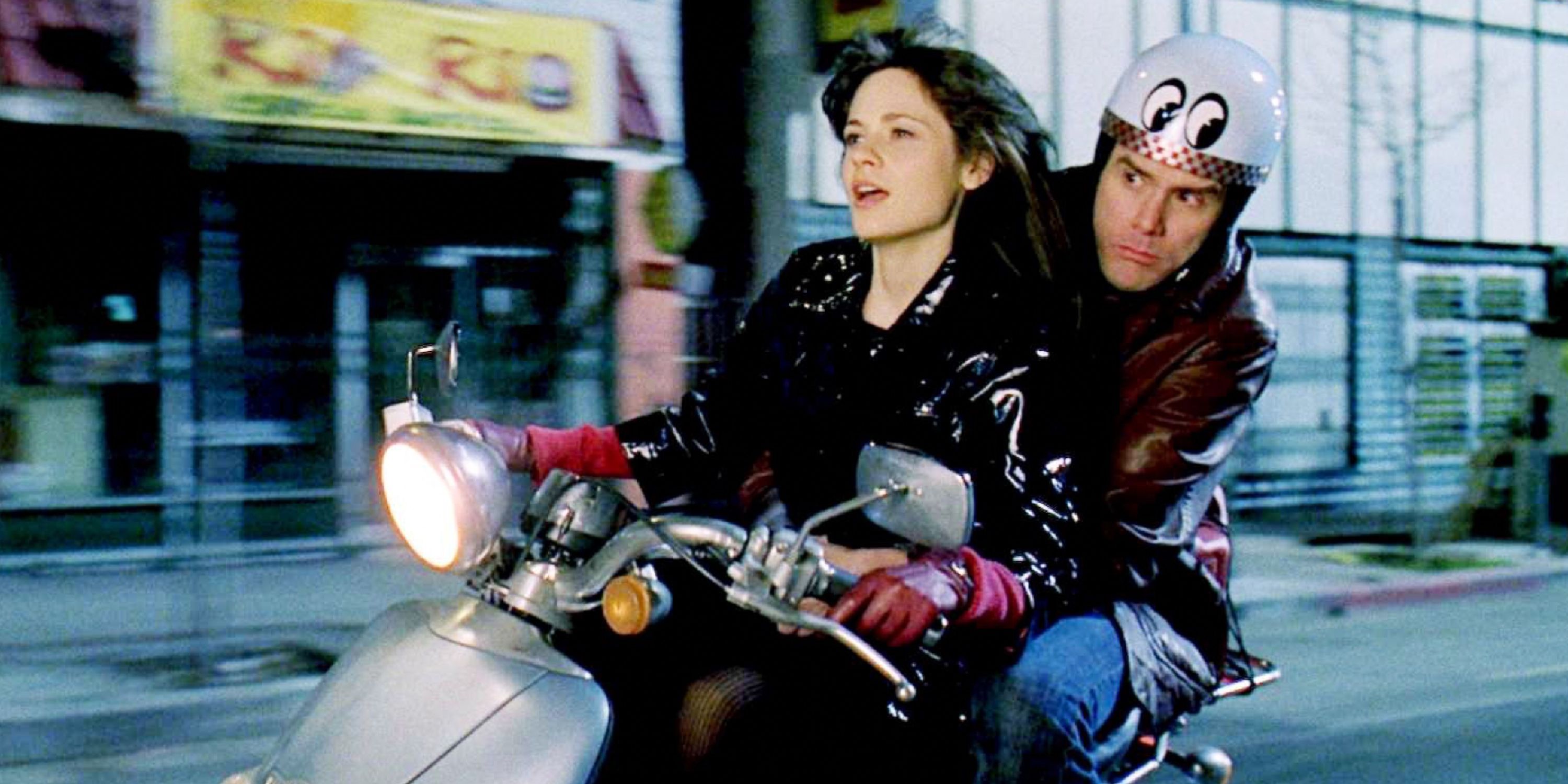 Zooey Deschanel and Jim Carrey ride a motorcycle in Yes Man