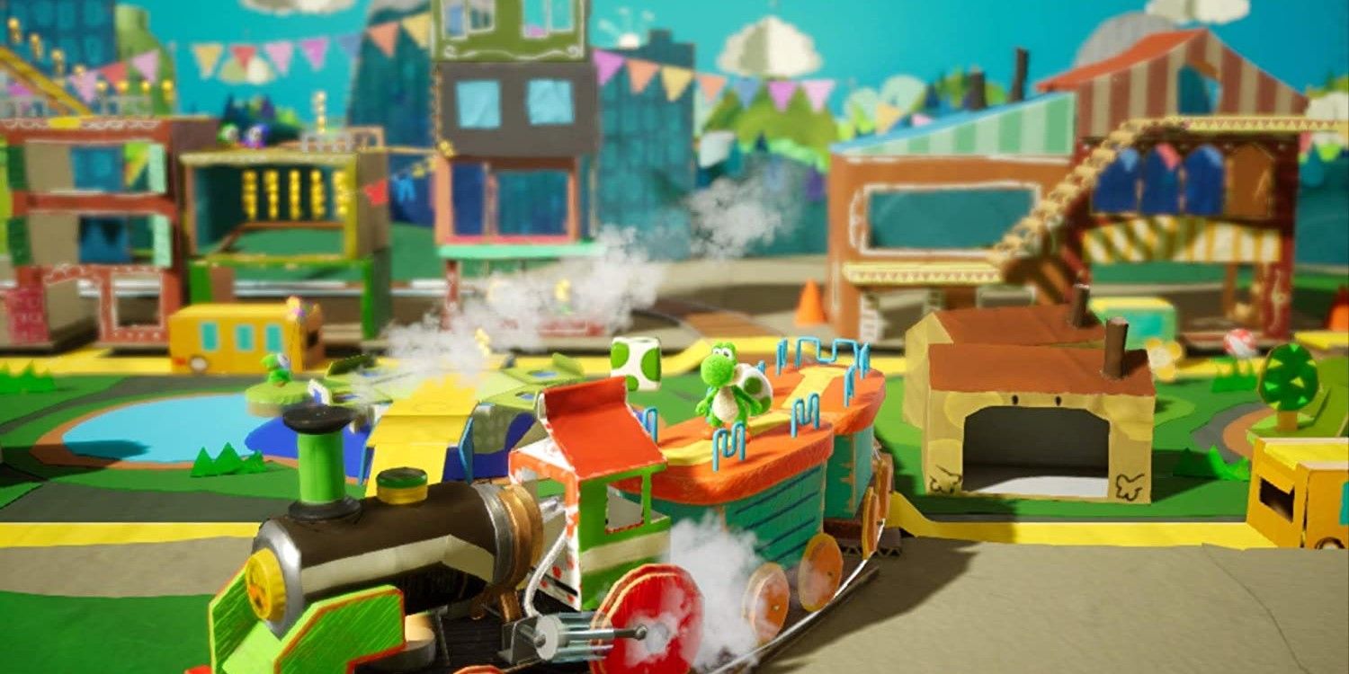 Screenshot of Yoshi standing on a train Yoshi's Crafted World on the Nintendo Switch.