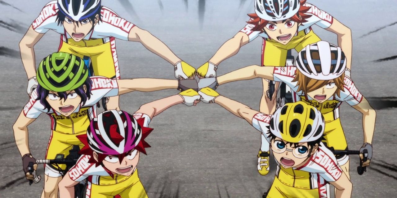 A still from the anime cycling series Yowamushi Pedal.