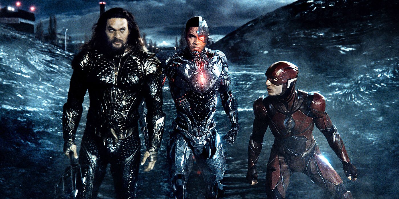 Aquaman, Flash, and Cyborg stand in front of the ocean in Zack Snyder’s Justice League