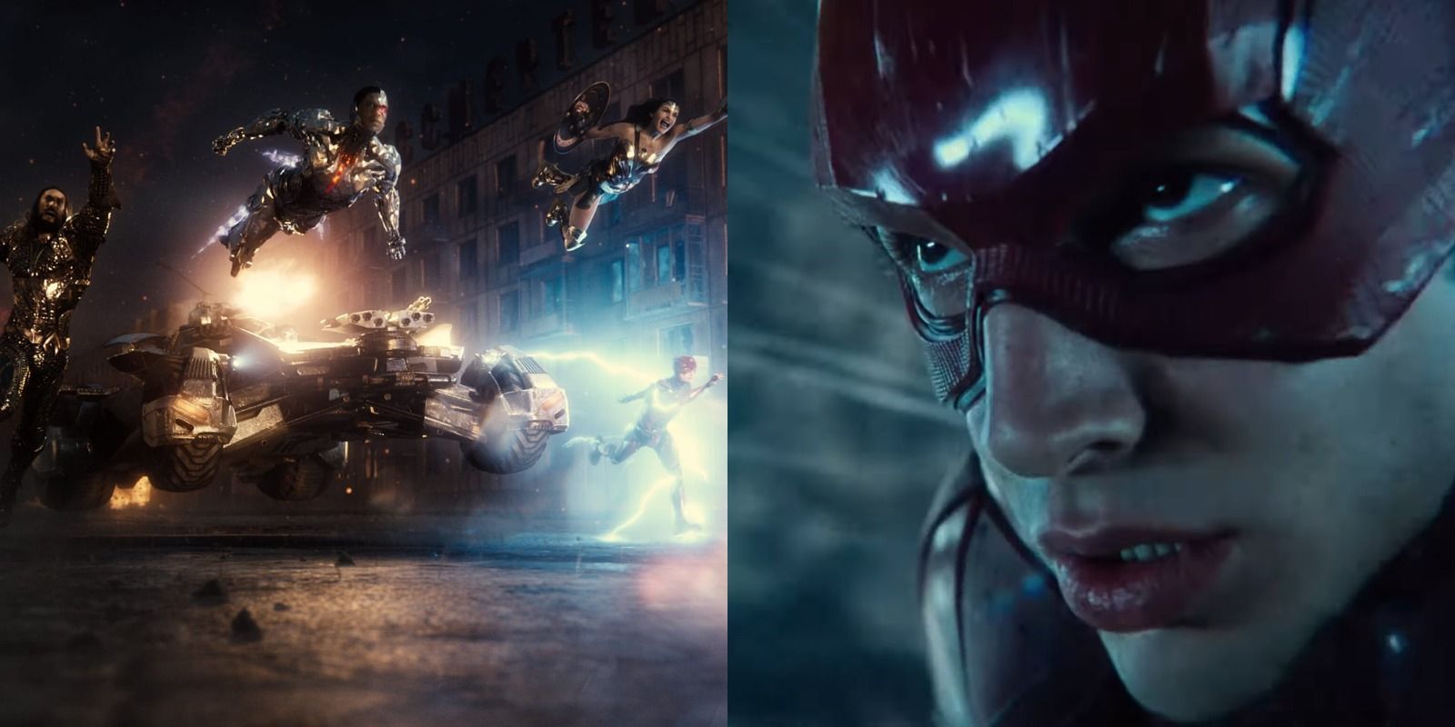 Zack Snyder's Justice League split image. The left shows the League in action and the right shows a close up of Barry Allen