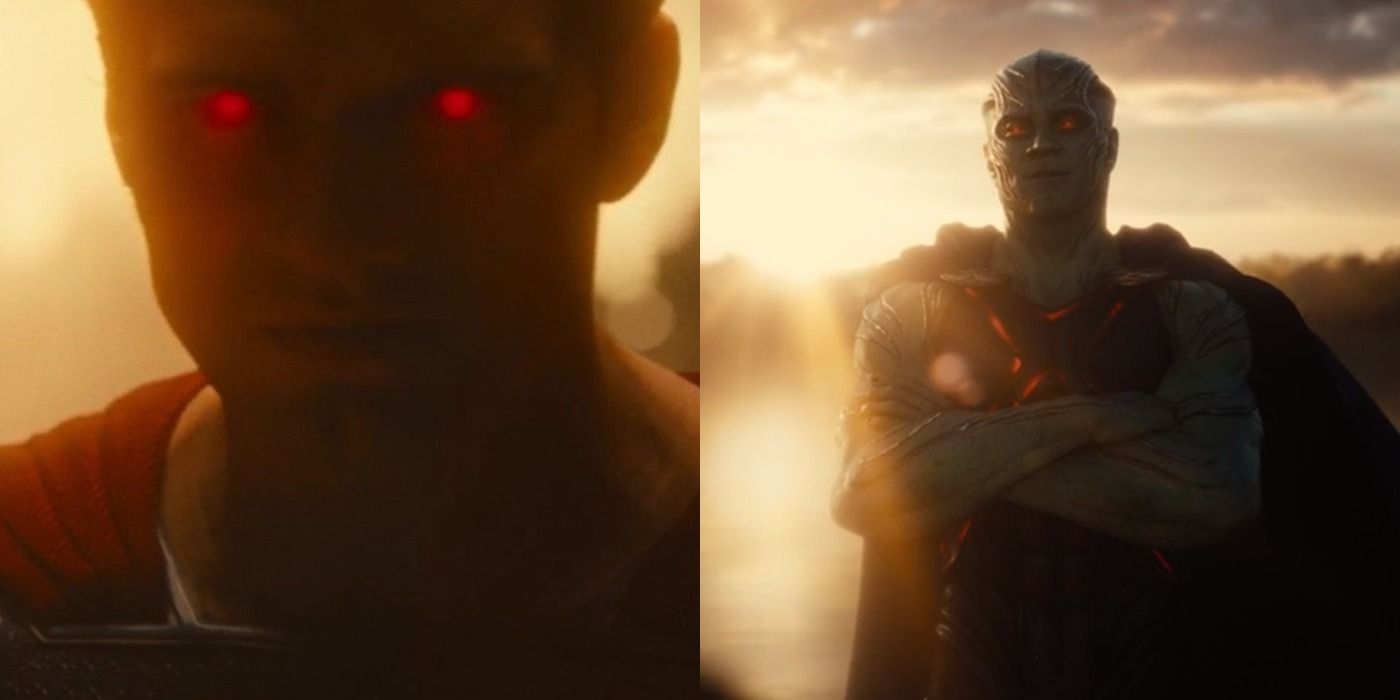 Zack Snyder's Justice League - split image of Superman activating his heat vision and the Martian Manhunter
