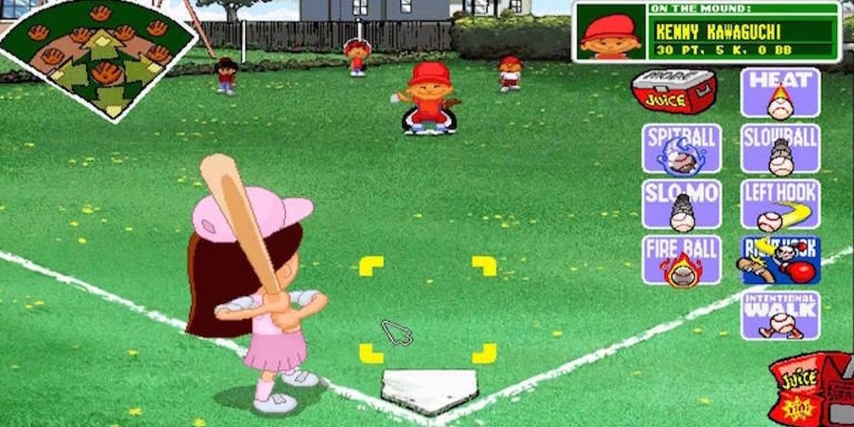Angela Delvecchio hitting in Backyard Baseball