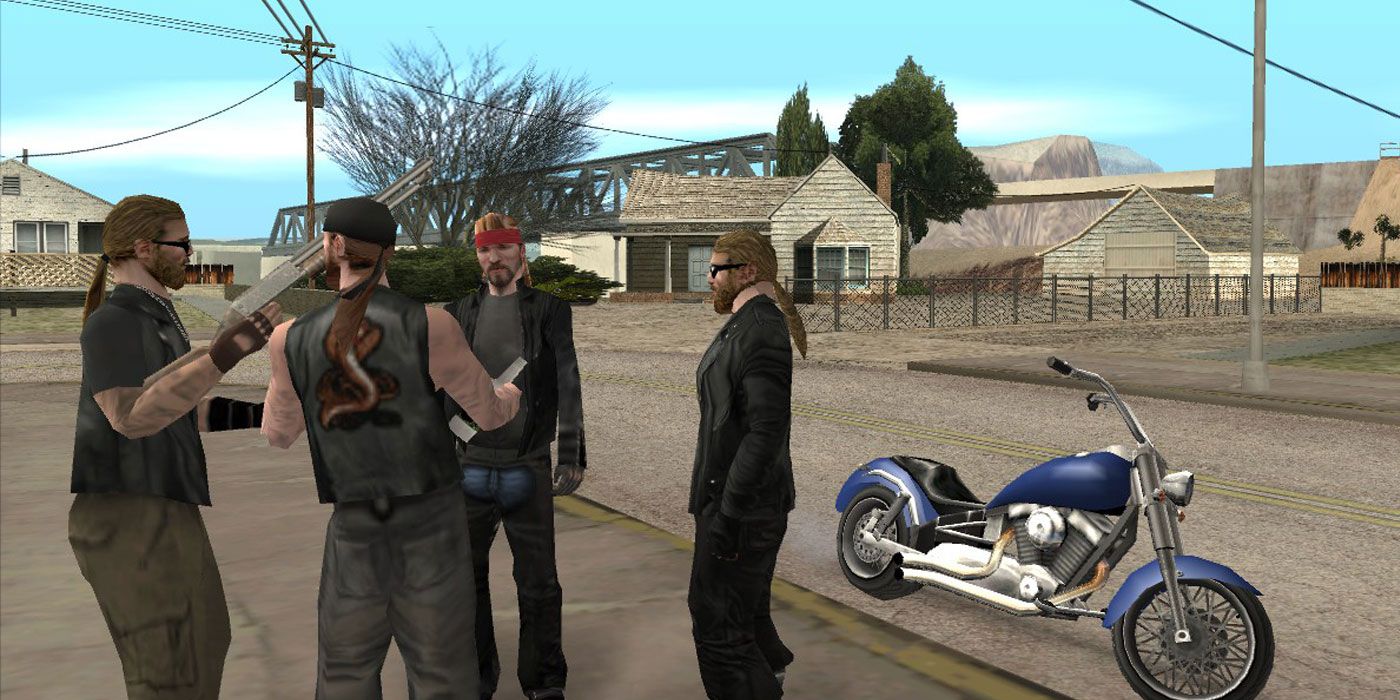 The biker gang hang around a street corner in GTA: San Andreas