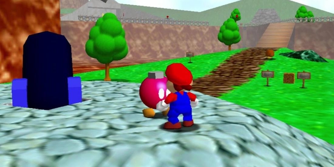 Mario talking to Bob-omb Buddy in Super Mario 64