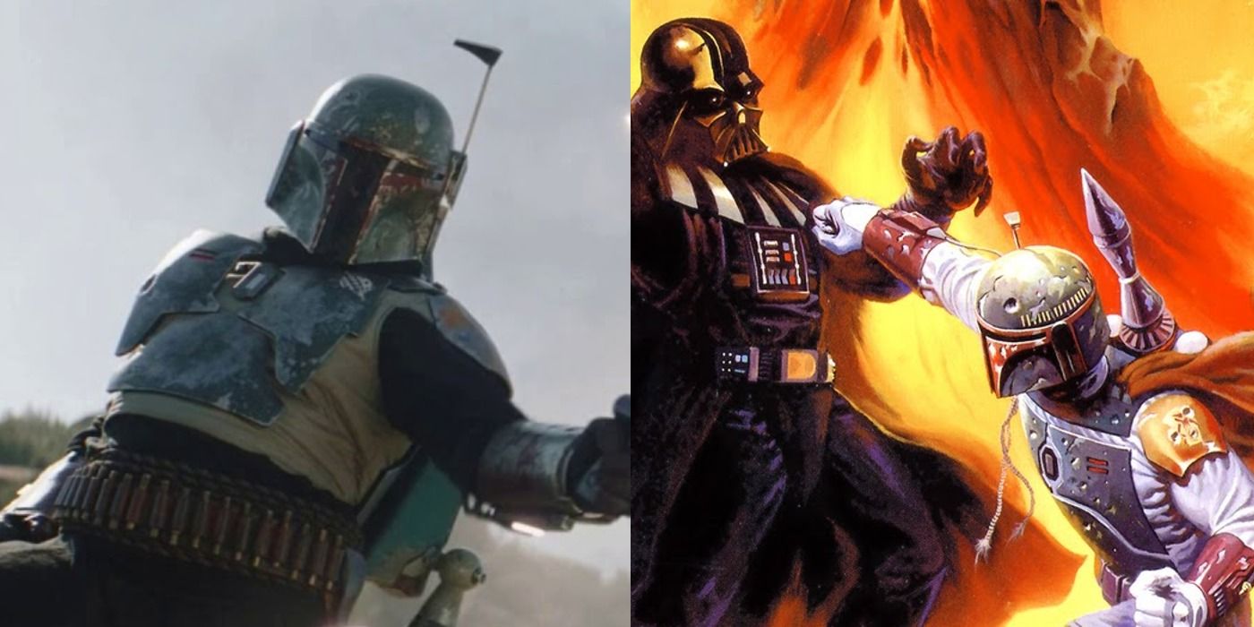Boba Fett in The Mandalorian and Boba Fett in Star Wars Legends fighting Darth Vader