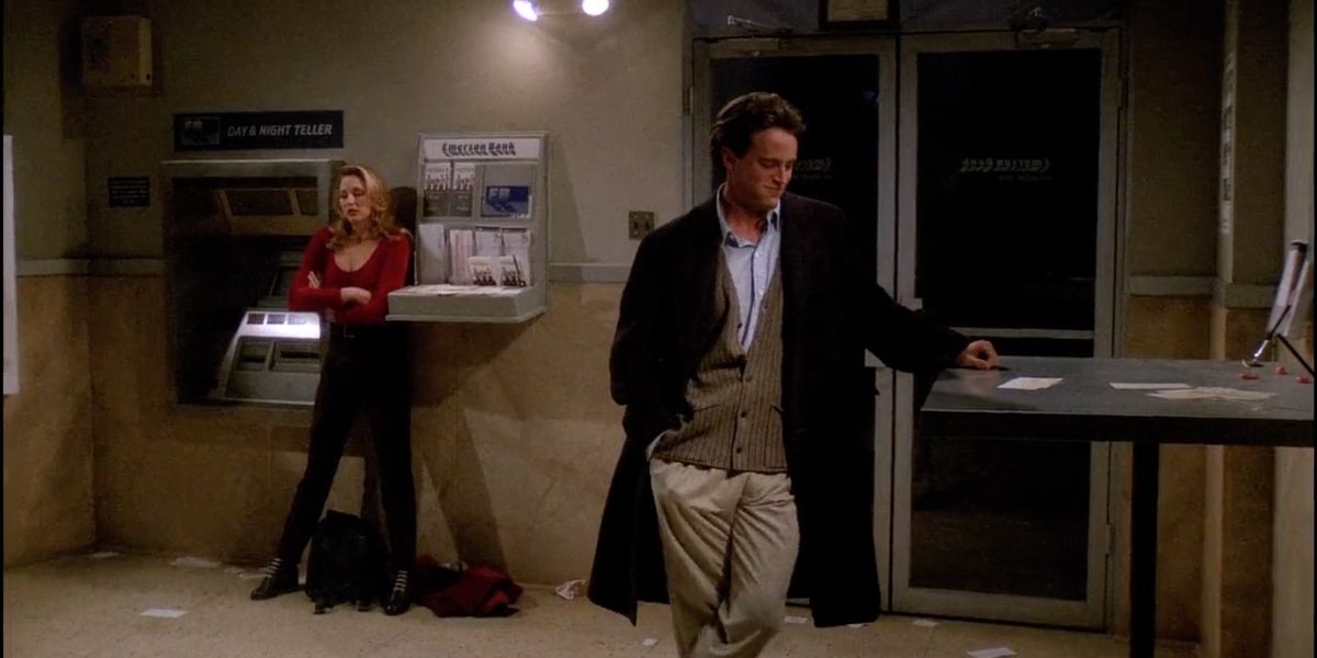 Chandler stuck with Jill Goodacre in an ATM vestibule in Friends.