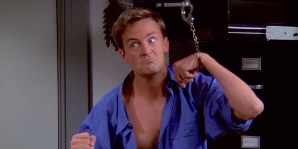 Matthew Perry as Chandler handcuffed to filing cabinet in Friends