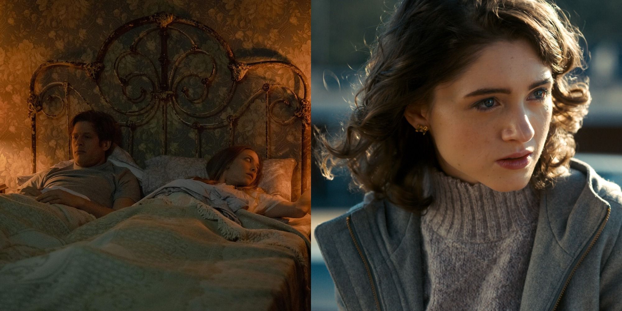 Split image of Natalia Dyer and Amanda Seyfried James Norton in Things Heard &amp; Seen, lying in bed. 