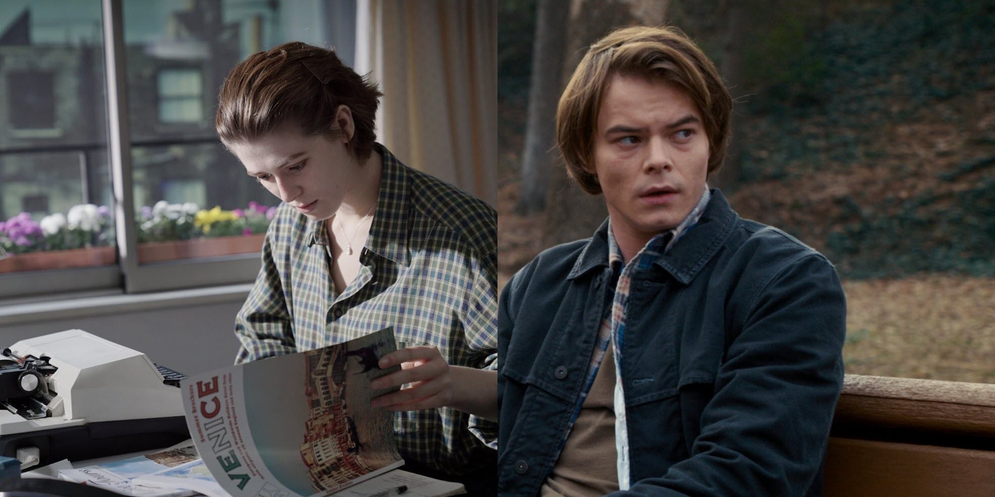 Split image of Charlie Heaton and Honor Swinton Byrne in The Souvenir, reading a magazine.