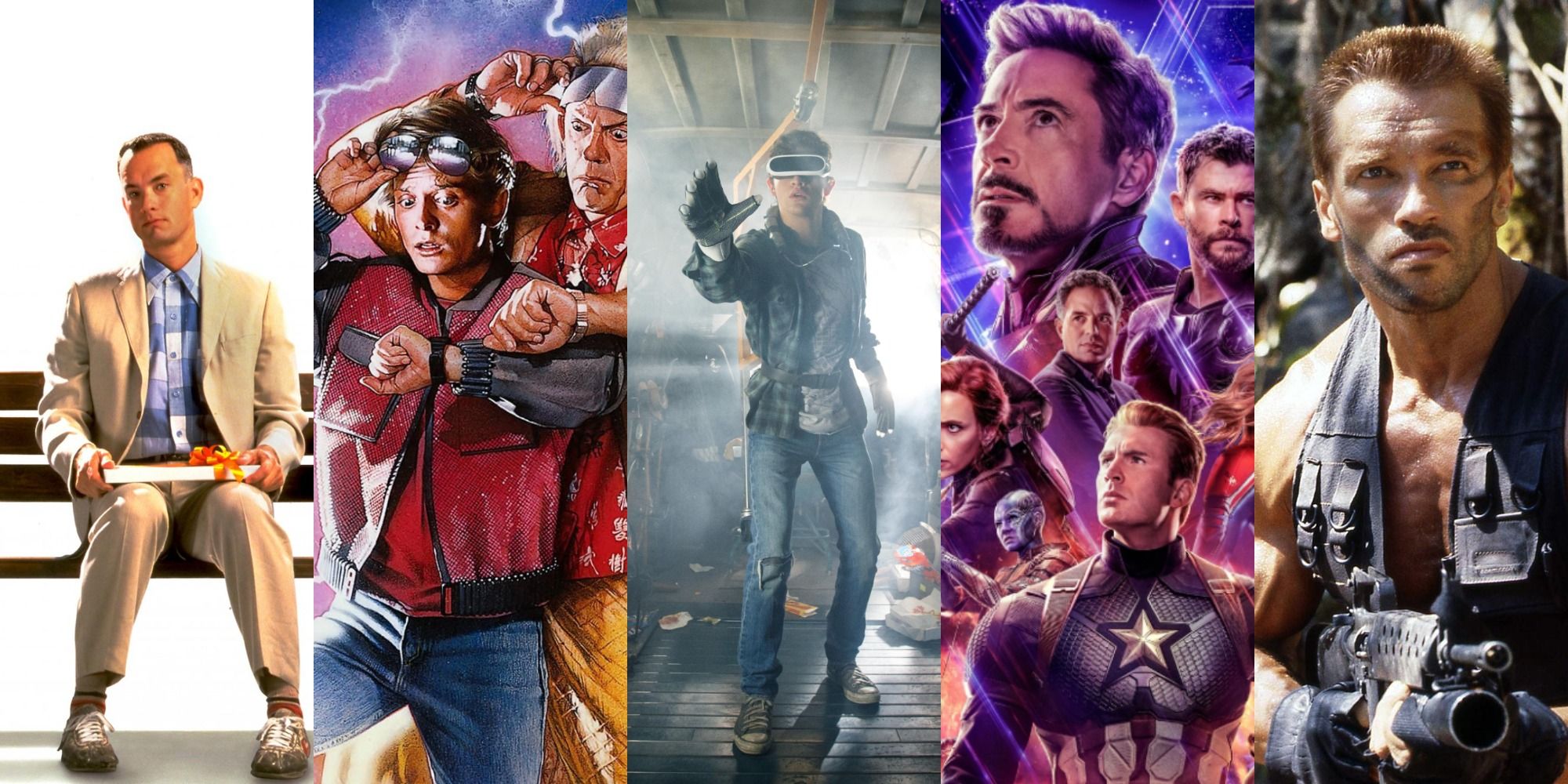 combined images of Avengers Endgame, Predator, Ready Player One, Forrest Gump, Back to the Future