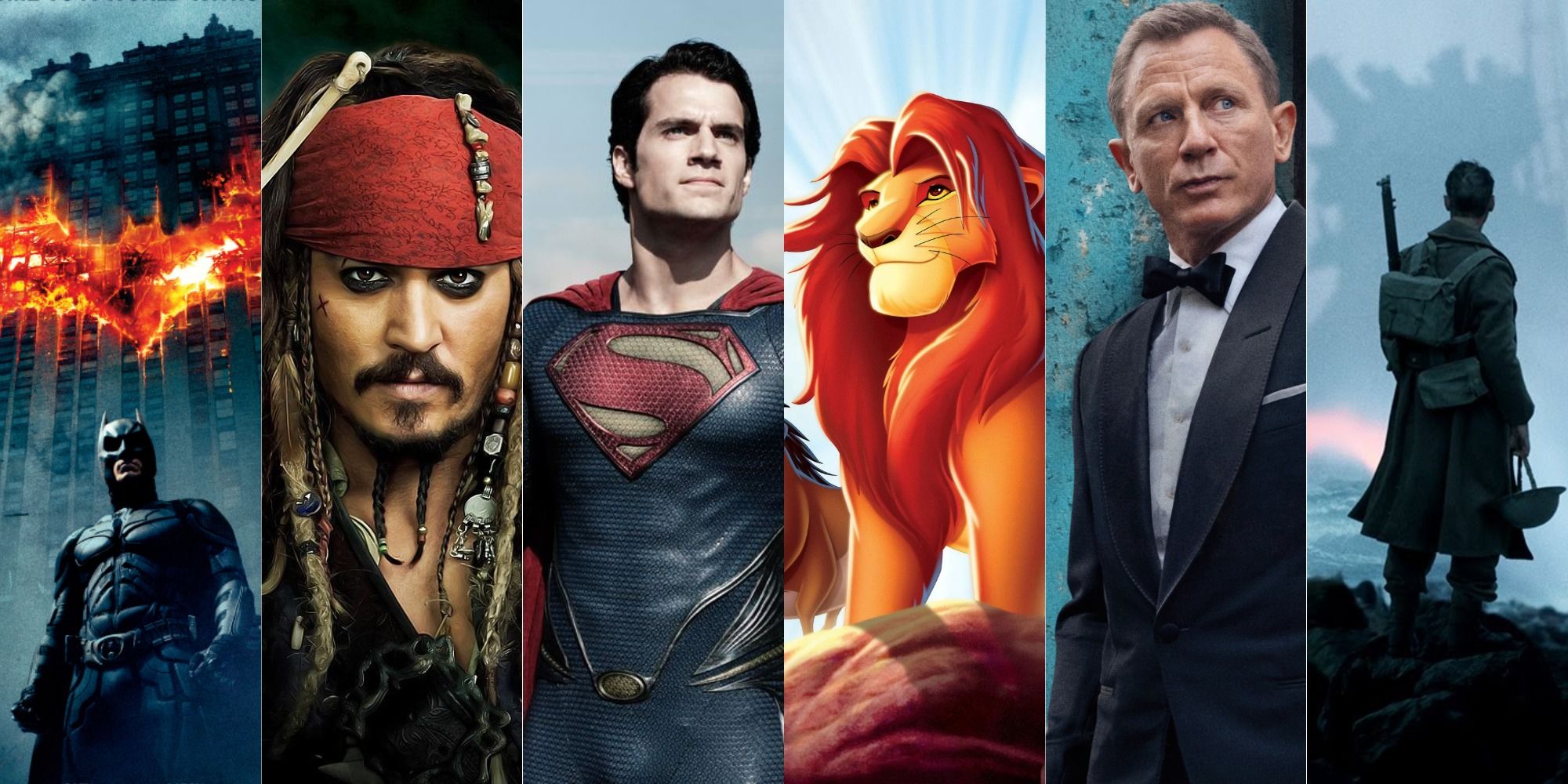 combined images of James Bond, The Dark Knight, Man of Steel, Pirates of the Caribbean, Lion King