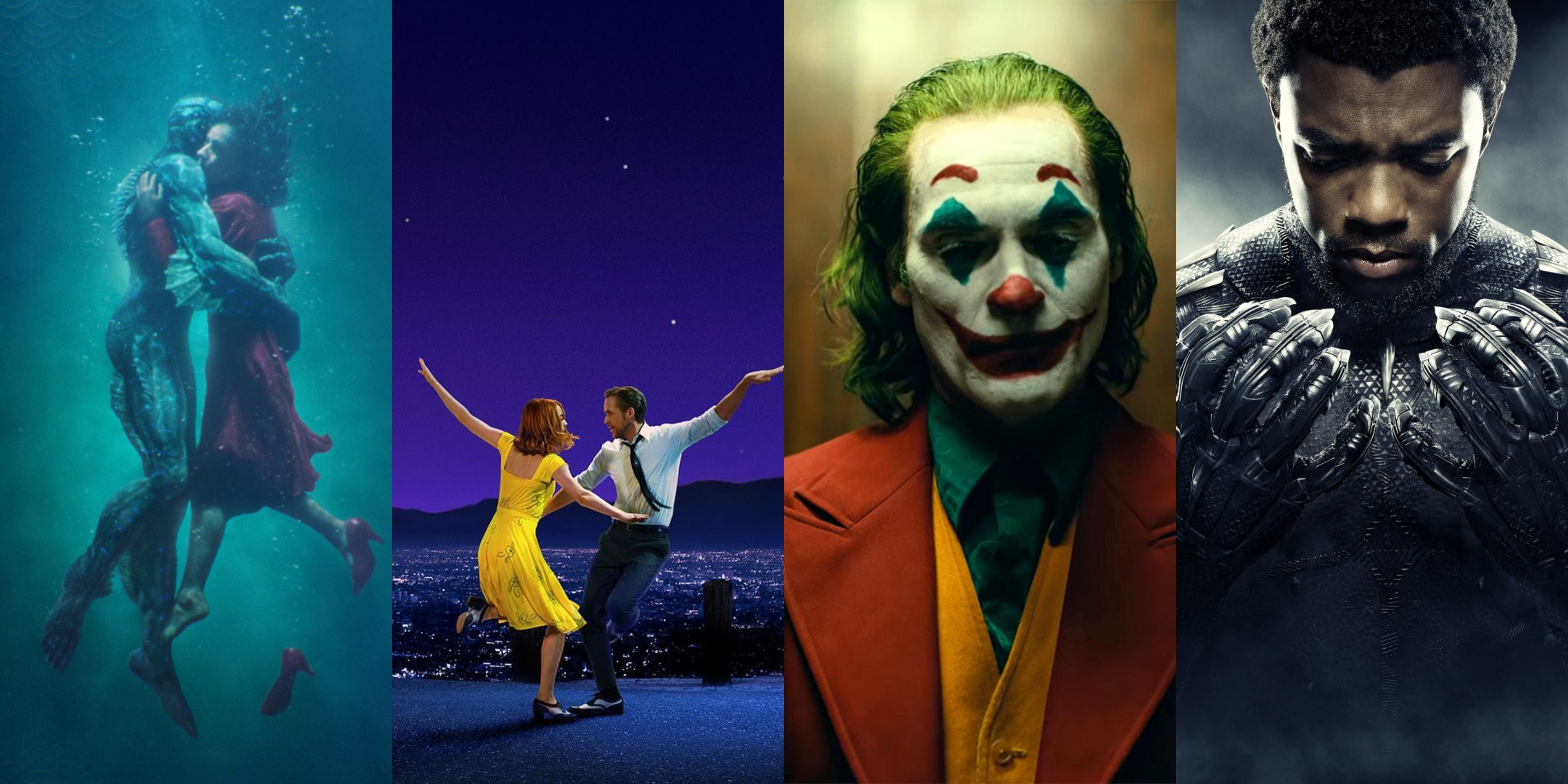 combined images of La La Land, Joker, Black Panther, and The Shape of Water