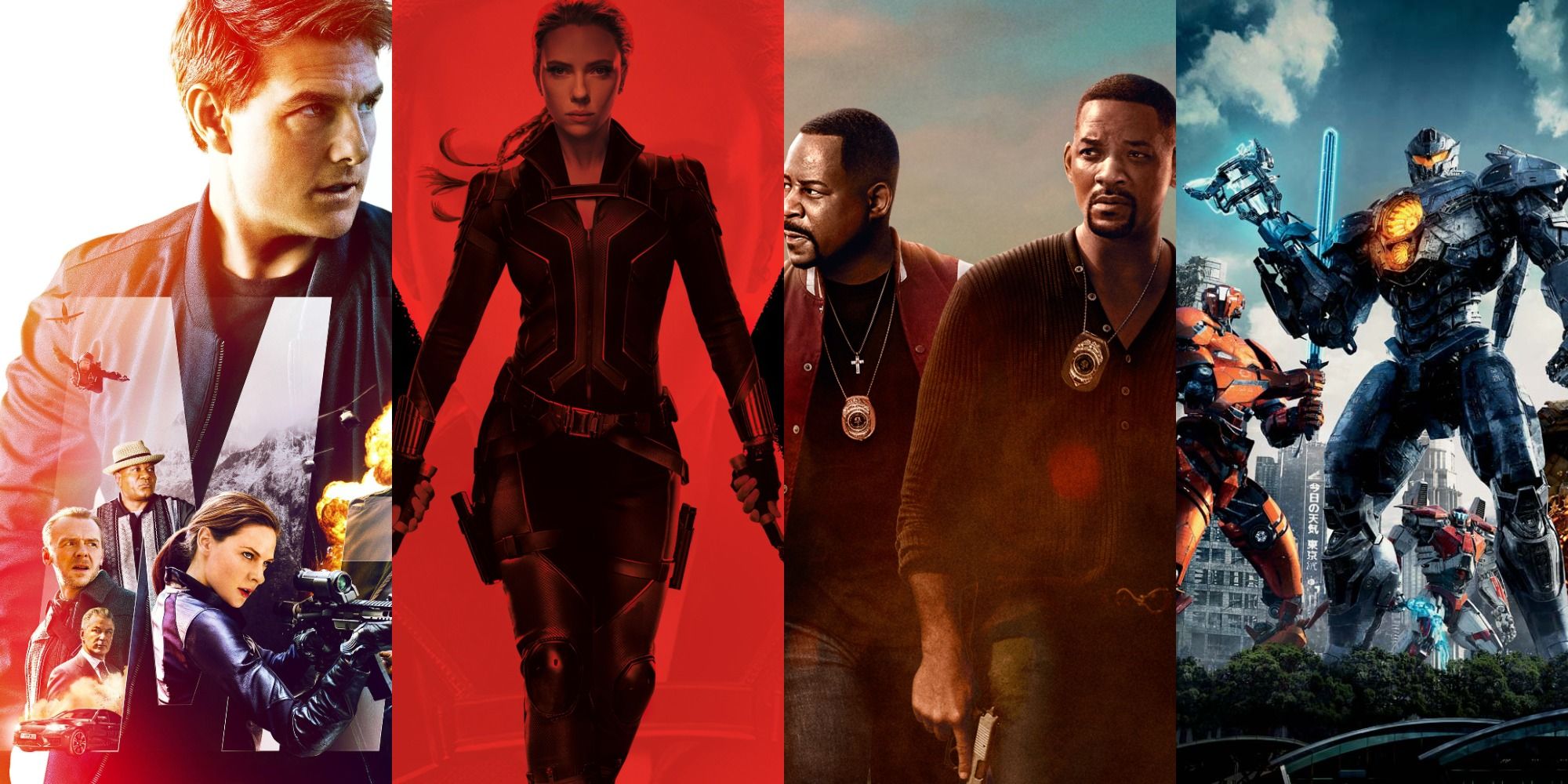 combined images of Mission Impossible - Fallout, Black Widow, Pacific Rim Uprising, Bad Boys 3