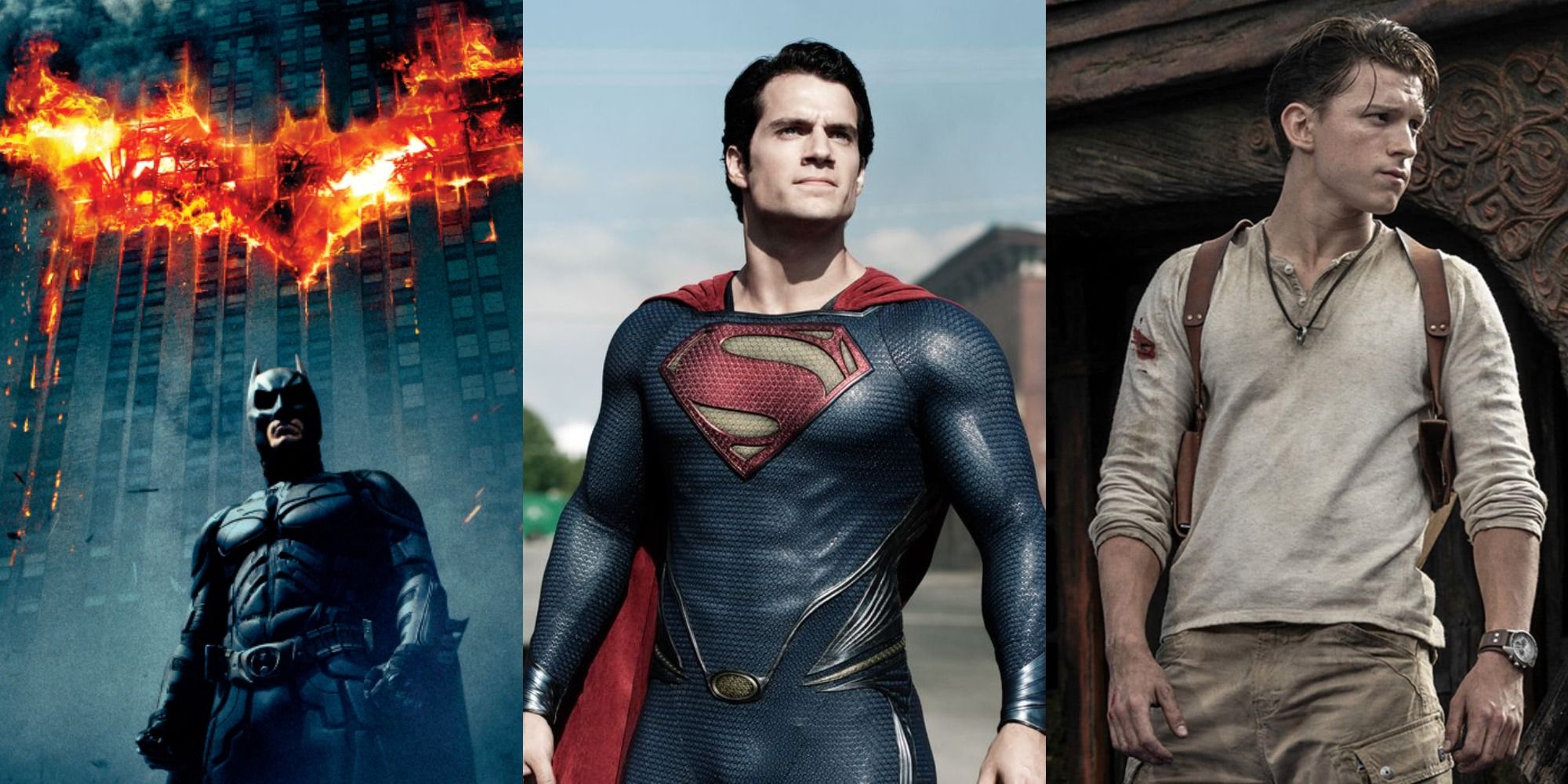 combined images of The Dark Knight, Henry Cavill in Man of Steel, Tom Holland in Uncharted