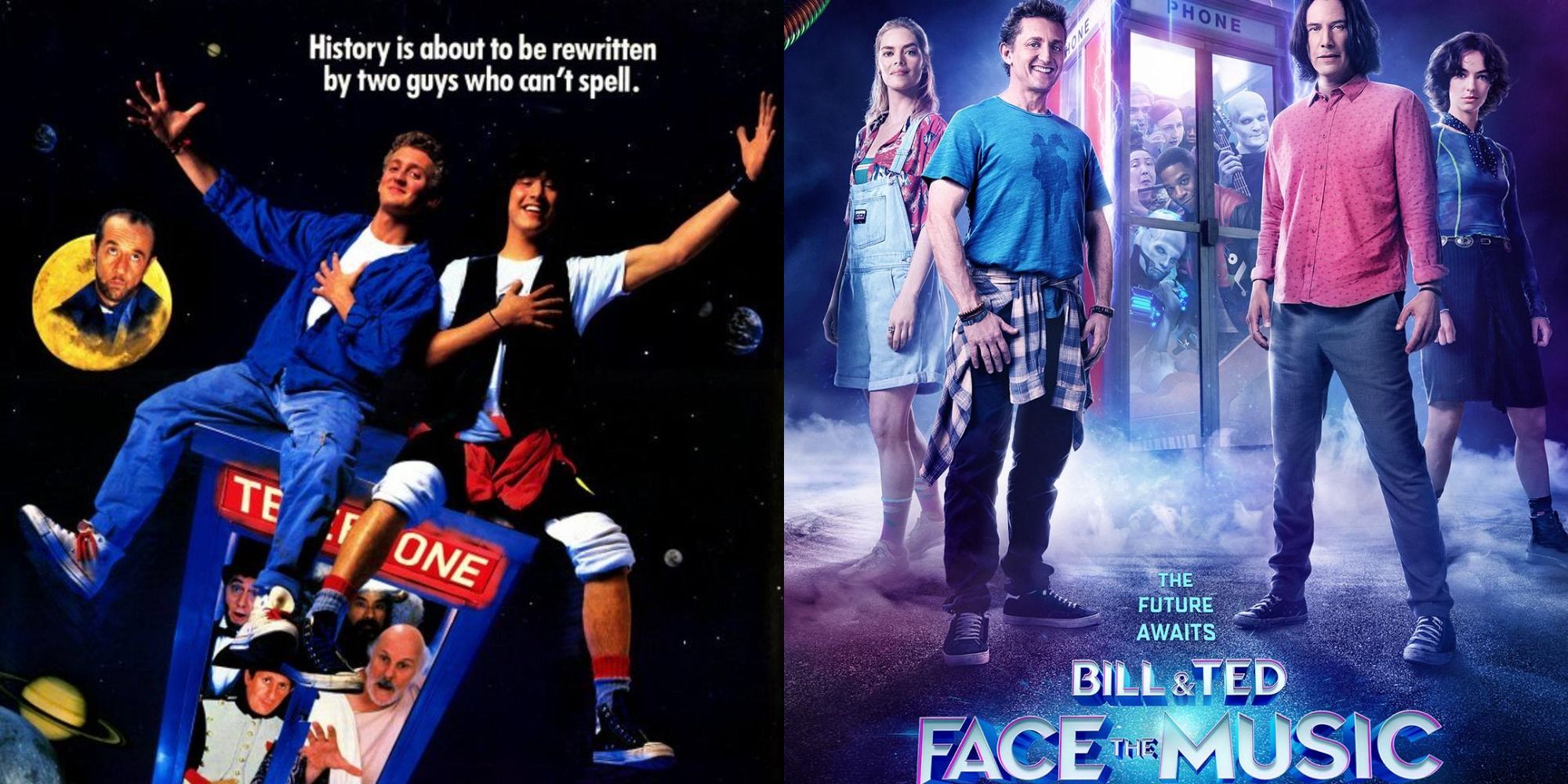 combined posters for Bill and Ted 1 and Face the Music featuring Keanu Reeves and Alex Winter