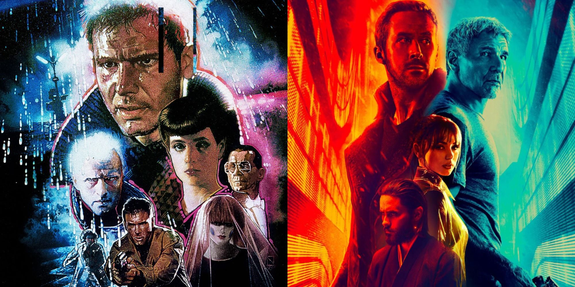 combined posters for Blade Runner 1 and 2049 featuring Harrison Ford, Ryan Gosling, Ana de Armas
