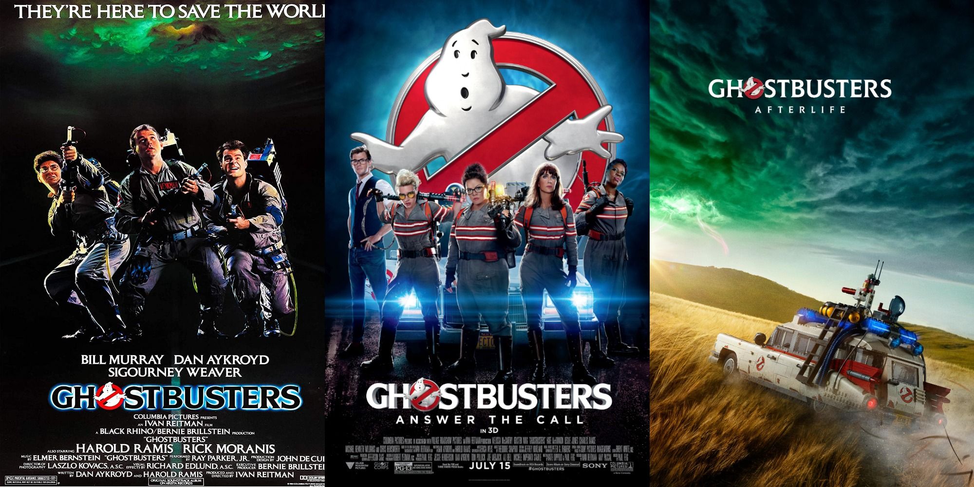 combined posters for Ghostbusters 1, 2016 reboot and Afterlife featuring male and female teams