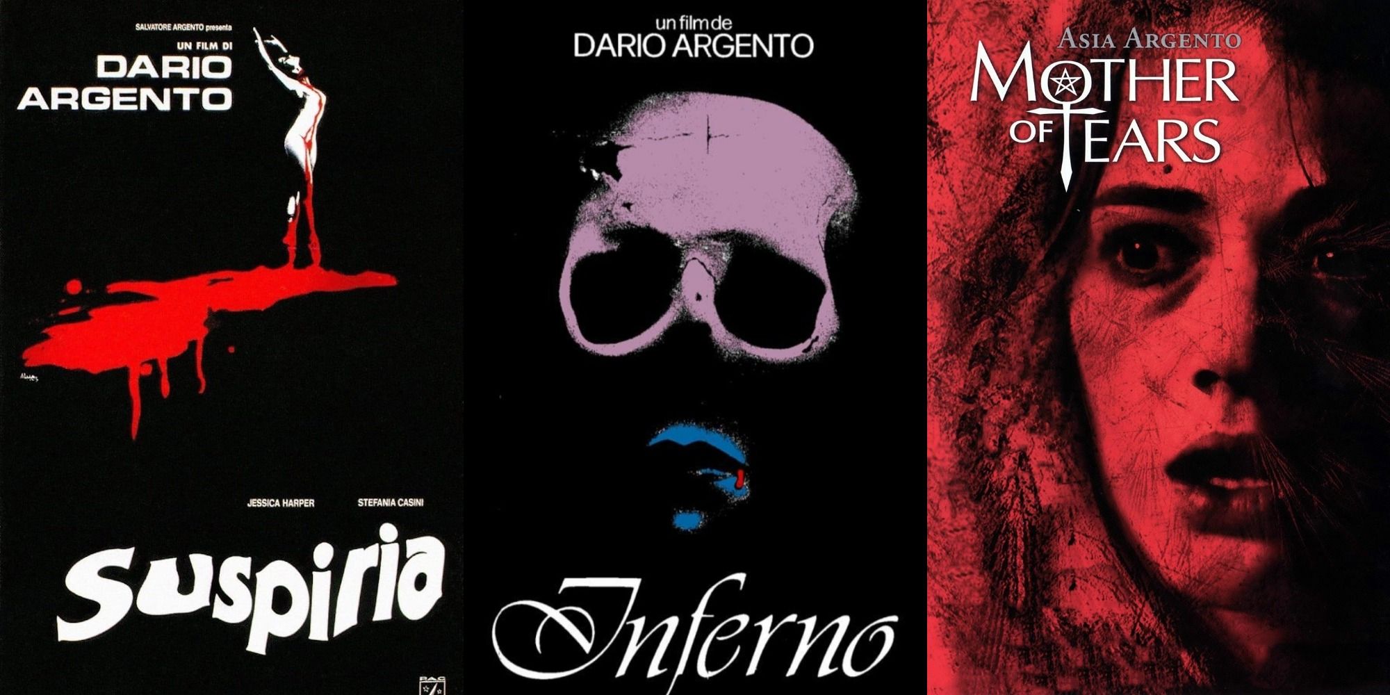 combined posters for Italian horror films Suspiria, Inferno, Mother of Tears with abstract imagery