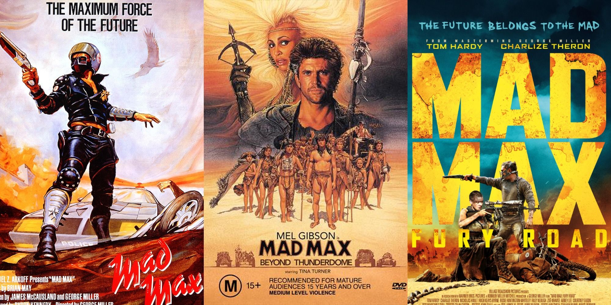combined posters for Mad Max 1, 3, Fury Road featuring Mel Gibson, Tom Hardy Charlize Theron
