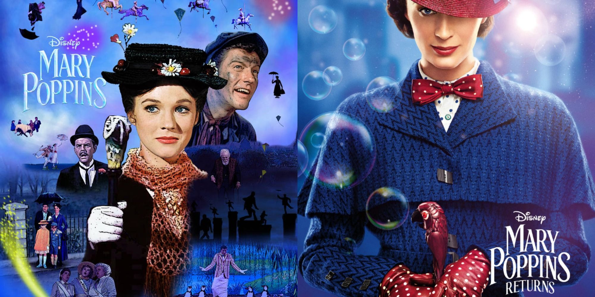 combined posters for Mary Poppins 1 and Returns featuring Julie Andrews and Emily Blunt