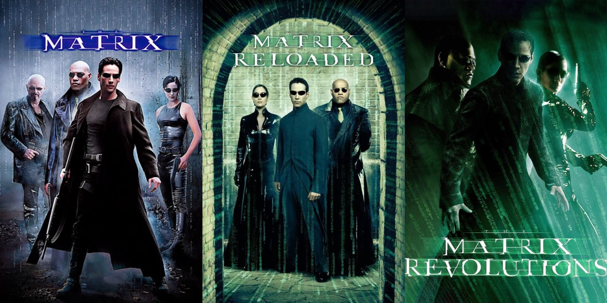 combined posters for Matrix 1,2 and 3 featuring Keanu Reeves, Carrie-Anne Moss, Laurence Fishburne