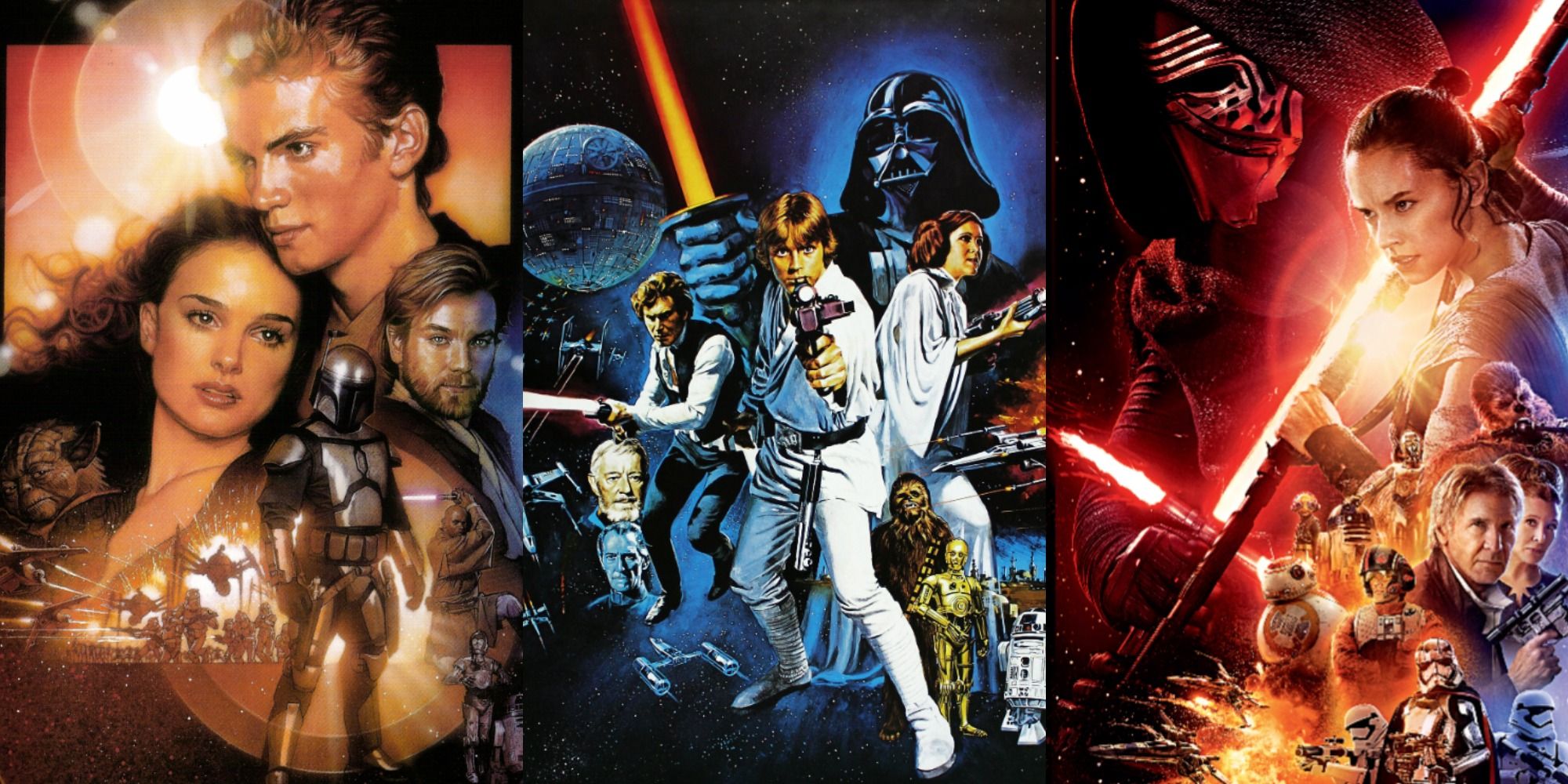 combined posters of 3 generations of Star Wars films the prequels, original trilogy, and sequels
