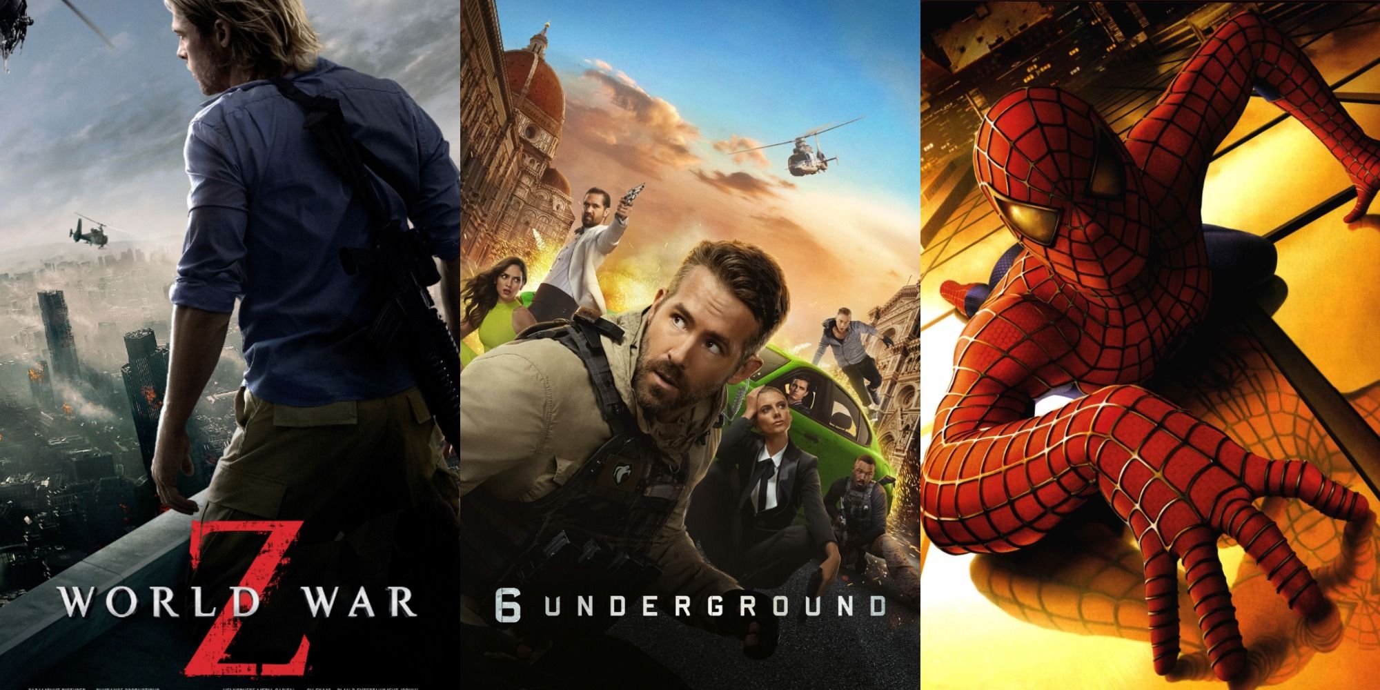 combined posters of Brad Pitt in World War Z, Ryan Reynolds in 6 Underground, Spider-Man 1