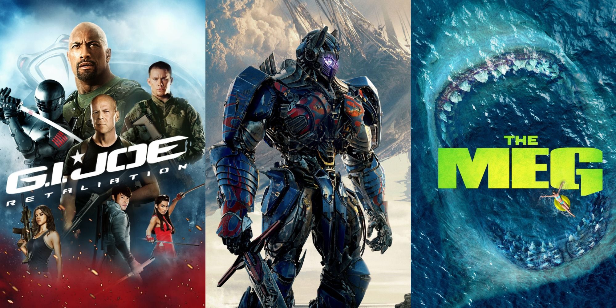 combined posters of G.I. Joe Retaliation, Optimus Prime in Transformers, The Meg