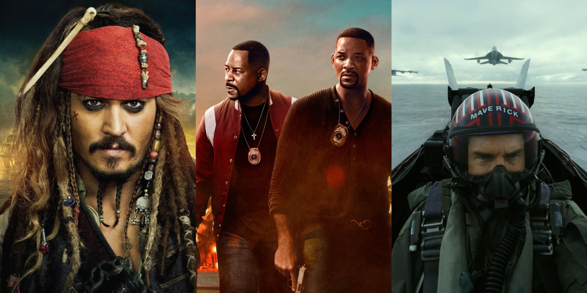 combined posters of Pirates of the Caribbean, Bad Boys 3, and Top Gun Maverick