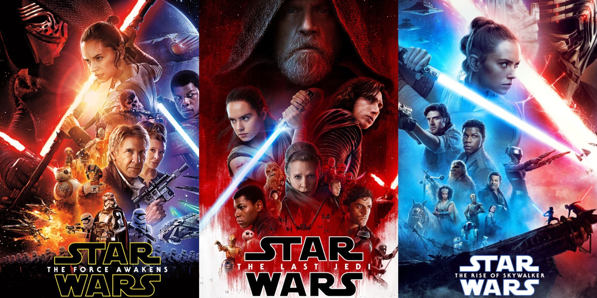 combined posters of Star Wars The Force Awakens, The Last Jedi, The Rise of Skywalker