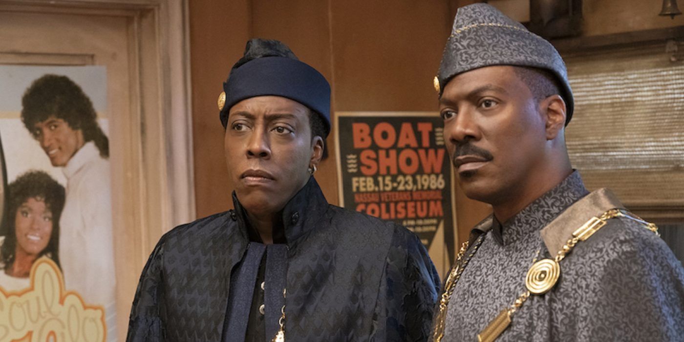 Arsenio Hall and Eddie Murphy in a scene from Coming 2 America.