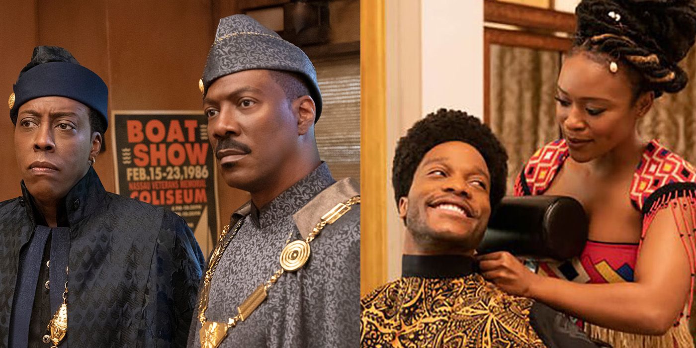 Split image of Prince Akeem and Semmi and Mirembe cutting Lavelle's hair in Coming 2 America