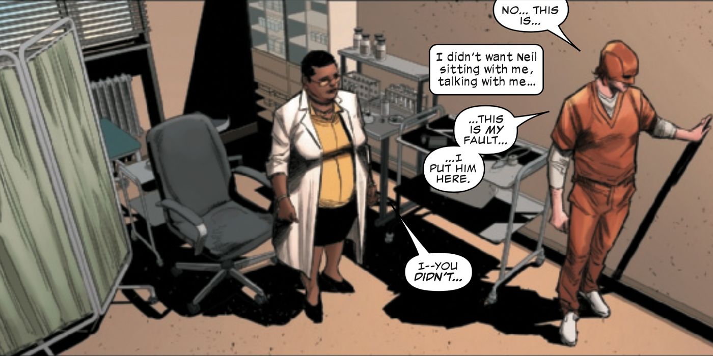 Daredevil speaking with Dr. Hayes in prison in Daredevil #28.