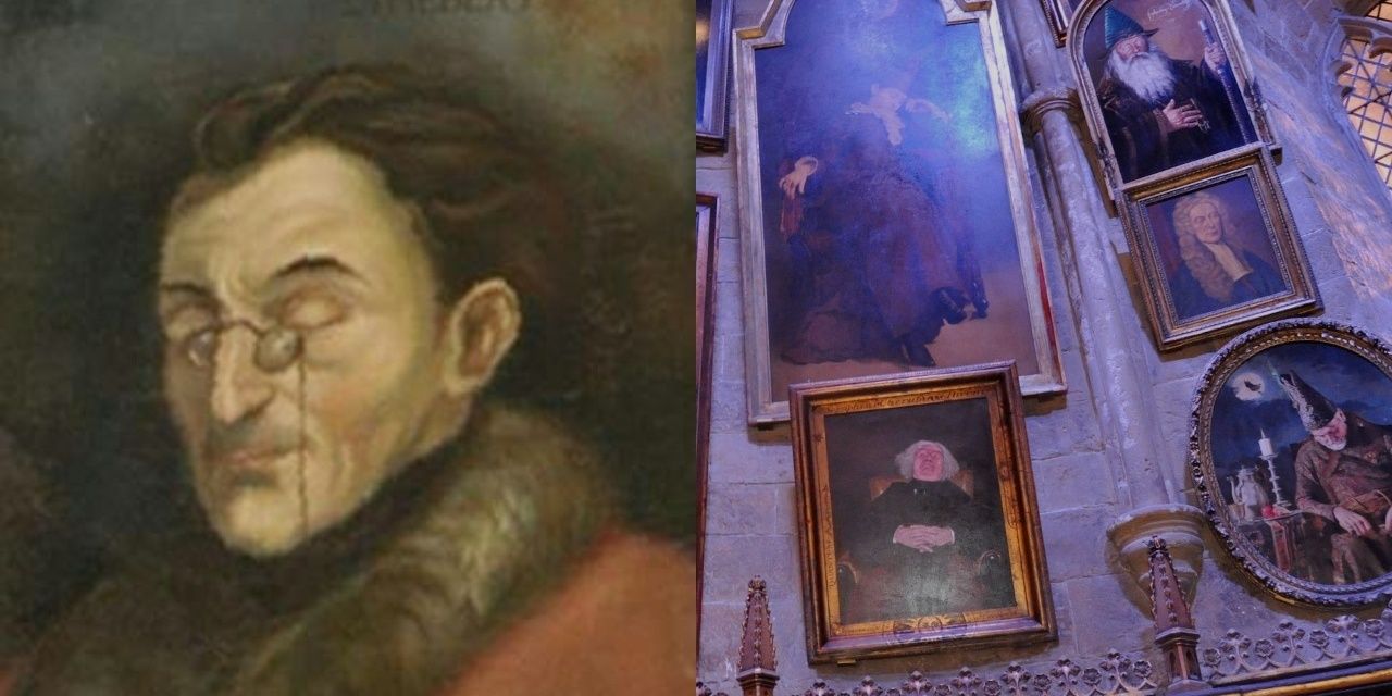 A split image of Dexter Fortescue and the headmaster's portrait wall