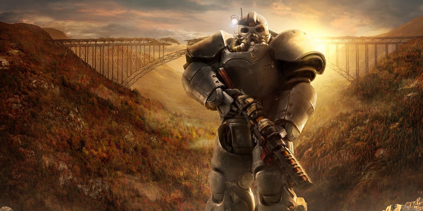 A figure in power armor standing in front of a setting sun and large bridge in the distance in Fallout 76.