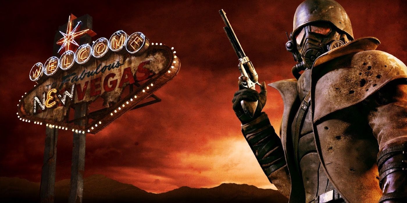 O Courier parado ao lado da placa de New Vegas na arte promocional de Fallout: New Vegas.