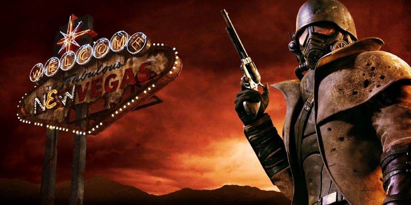 The Courier standing by the New Vegas sign in Fallout: New Vegas promo art.