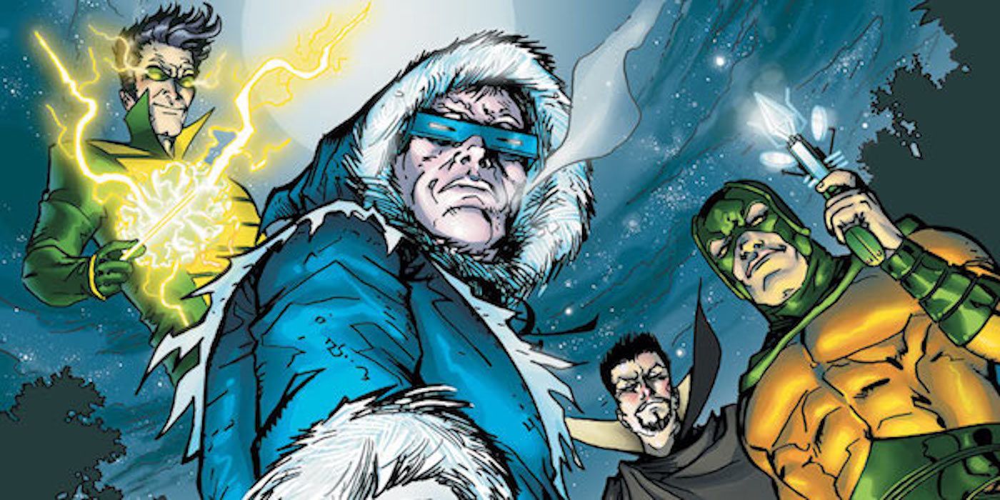 Captain Cold stands triumphant with the Rogues behind him in a panel from DC Comics.