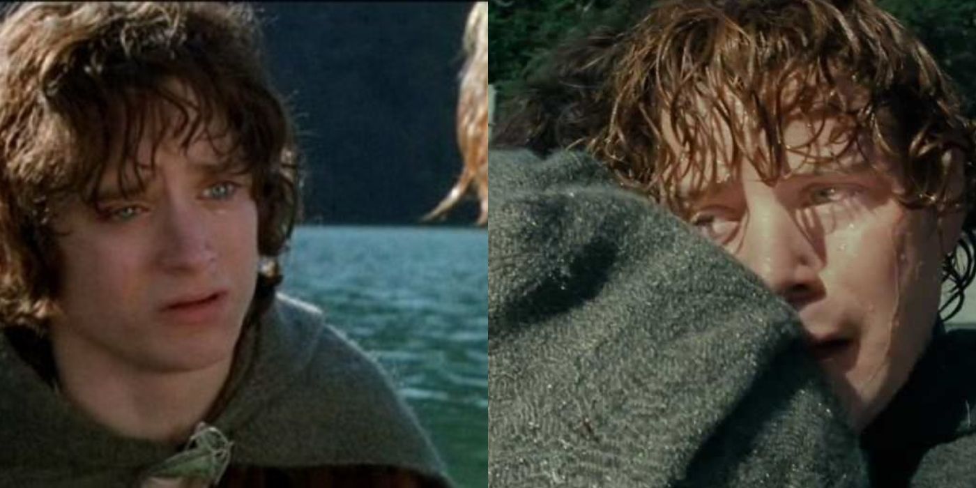 split image of frodo and sam in the boat at the end of fellowship, frodo crying and sam soaking wet