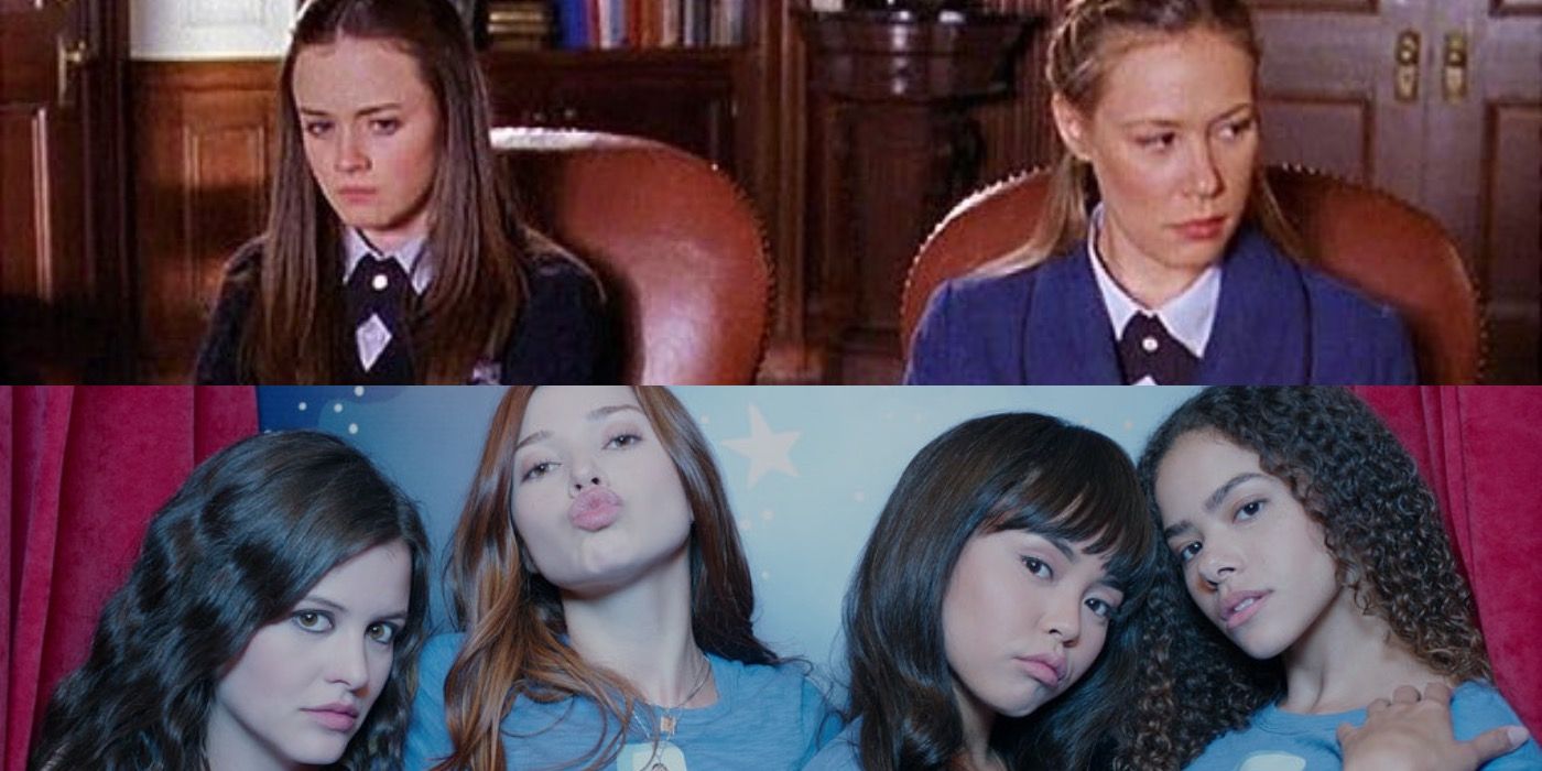split image of Rory and Paris above Ginny and her friends 