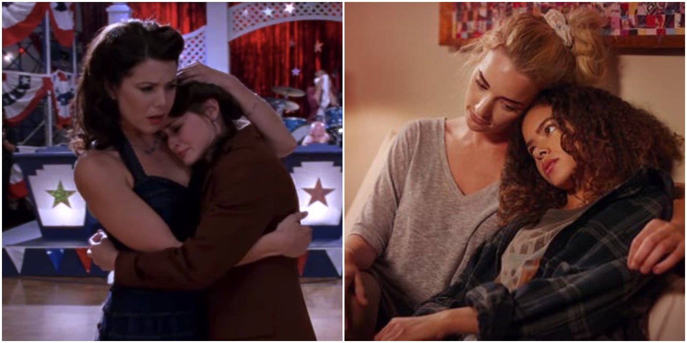 split image of mothers and daughters hugging in gilmore girls and ginny and georgia