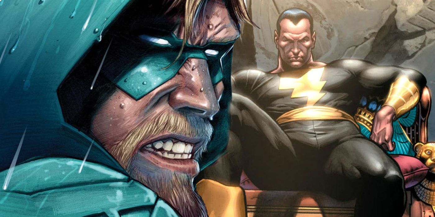 green arrow snarling  and black adam on the throne