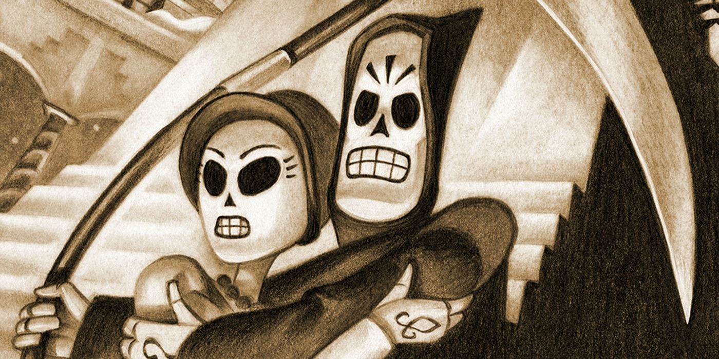 Grim Fandango Remastered's Meche holds onto Manny.